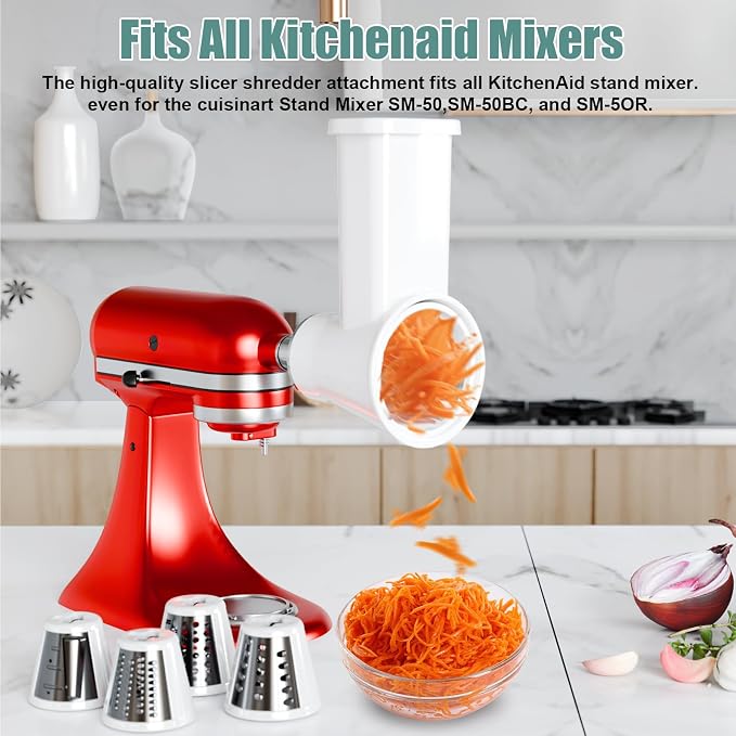 Slicer Shredder Attachment for KitchenAid Stand Mixer | Cheese Grater Attachment for Kitchenaid, Salad Maker, Grinding Powder, Dishwasher Safe with 4 Blades, White