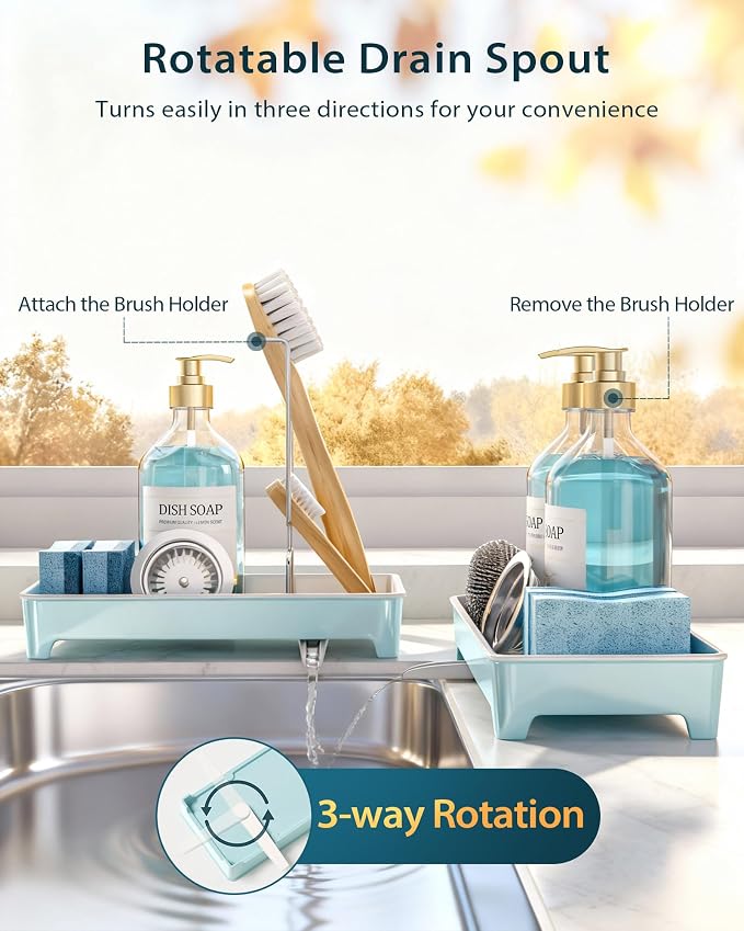 Minimalist Sink Caddy, Rustproof Sponge Holder for Kitchen Sink Blue | Large Rustproof countertop organizer with 304 stainless steel brush holder, raised ridges and silicone drain tube
