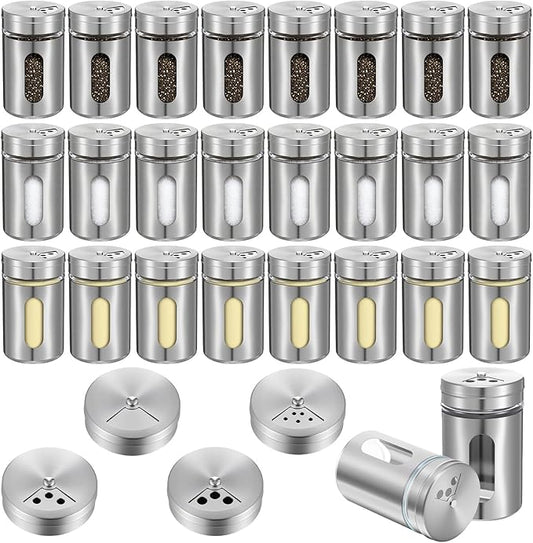 24 Pcs Stainless Steel Spice Jars with Shaker Lids, Seasoning Jars with Adjustable Pour Holes and Glass Window, Empty Spice Bottles for Kitchen Salt Pepper Sugar Seasonings (3.4oz)