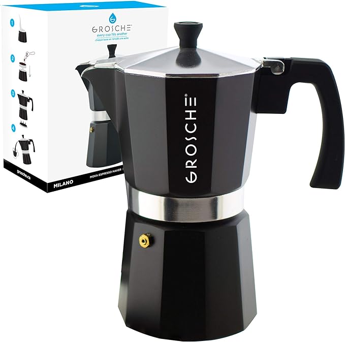 GROSCHE Milano Moka pot, Stovetop Espresso maker, Greca Coffee Maker, Stovetop coffee maker and espresso maker percolator (Black, 12 cup) | Cuban Coffee Maker And Italian Moka Pot For Stovetop Espresso; For Gas, Electric, And Propane Stoves With A Soft...