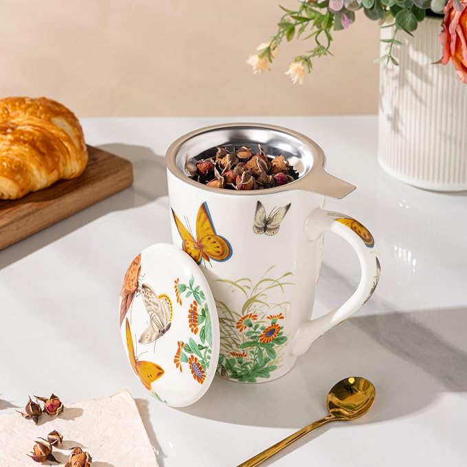 AmorArc Tea Cup With Infuser and Lid, 18oz Loose Leaf Tea Mug With Steeper | Porcelain Tea Mug With Infuser and Lid, Strainer Tea Cup for Tea Lovers, Home & Office, Housewarming Birthday Gift