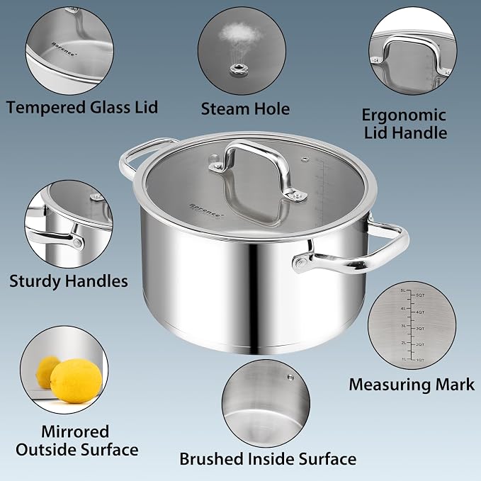 Rorence Stainless Steel Stock Pot, 6-Quart | Tri-Ply Base, Large Pot Induction Cooking Pot with Lid, For All Stoves, Oven & Dishwasher Safe