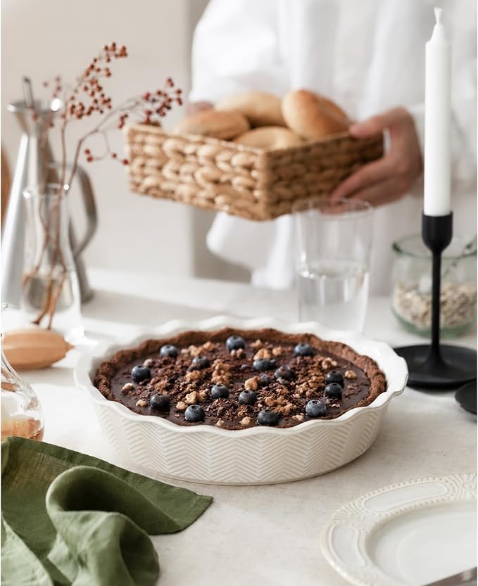 Deep Pie Dish for Baking, Ceramic Pie Pan for Apple Pie, Tart, Quiche Baking Dish, Farmhouse Decor Pie Plate, Deep Dish Pie Pan, Oven Safe, Off-White, Wave