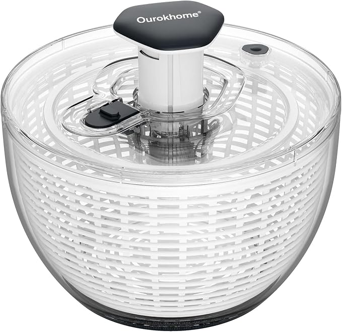 Ourokhome 6.3 QT Salad Spinner with Fully Removable Lid, Large Lettuce Dryer with One-Hand Press Pump, Instant Stop Brake Button and Retractable Handle, Vegetable Washer & Spinner for Greens and Herbs