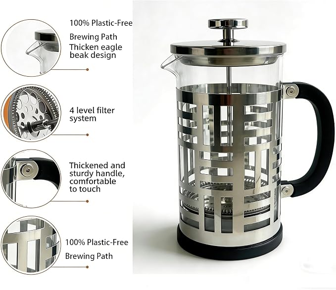 French Press Coffee Maker 34 oz, Glass Coffee Press Plastic-Free Brewer | Thickened Glass Stainless Steel, for Coffee, Cold Brew,Tea & Cocoa, With Extra Filter