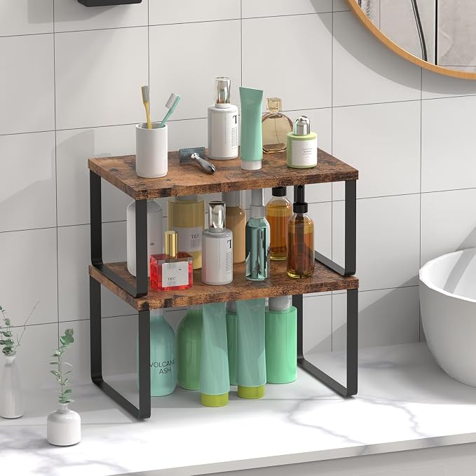 CADUKE Set of 4 Counter Shelves Kitchen Cabinet Shelf Organizer Brown | Countertop Organizer,Counter Top Racks,Stackable, Expandable, Metal and Engineered Wood, for Bathroom