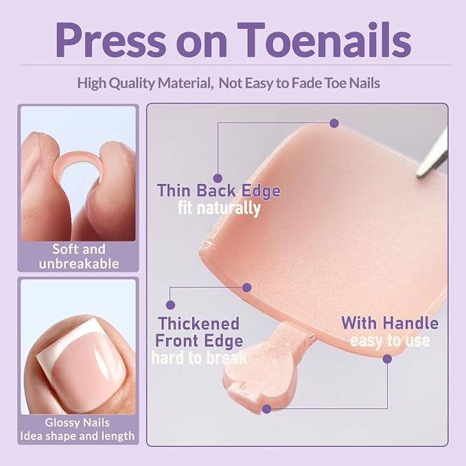 160pcs French Tip Toe Nail Press ons - Nude Press on Toenails for Women, Full Cover Toe Press on Nails with Adhesive Tabs, Fake Toenails Tips