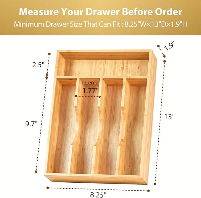 Bamboo Kitchen Drawer Organizer, 8.25 Inch Silverware Utensils Tray Holder for Small Drawer, Wood Caddy for Flatware Cutlery Knives