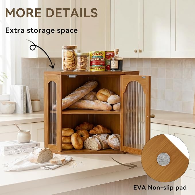 2-Tier Corner Bread Box for Kitchen Countertop with Acrylic Wavy Door Panel | Bread Storage for Homemade Bread, Large Bamboo Vintage Farmhouse Bread Bin, Cabinet Cupboard Pantry, Caramel, Meduim