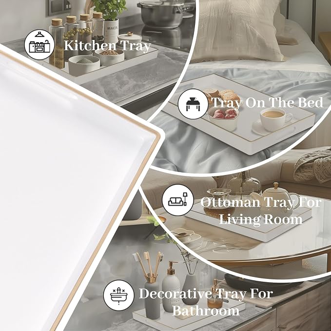 White Decorative Tray for Coffee Table, Serving Tray with Handles | Plastic Melamine Tray, Modern Ottoman Tray, Rectangular Countertop Organizer Tray for Living Room, 15.8"L x 10.2"W x 1.4"H