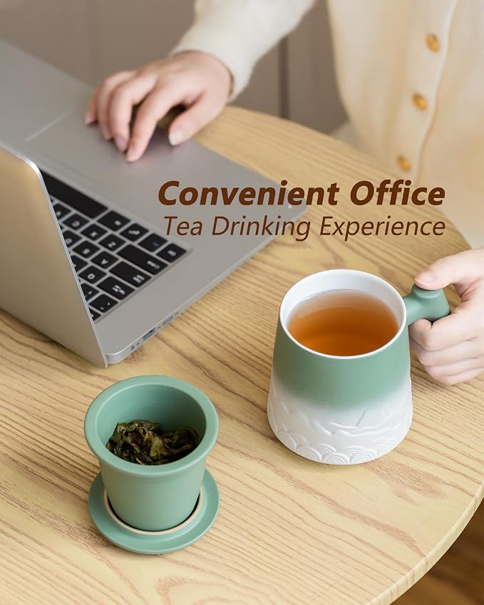 ZENS Tea Mug with Infuser and Lid for Loose Leaf Tea Diffusers, 16.9oz | Embossed Ceramic Tea Cup with Infuser, Tea Steeper for Loose Tea Lovers Gifts, Wood Handle, Moss White