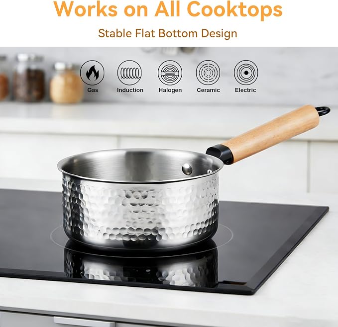 WANGYUANJI 1.8 Quart Stainless Steel Saucepan with Lid, Tri-Ply Steel Small Sauce Pan, Coating-Free Interior, Hammered Finish, Induction Compatible Soup Pot with Tempered Glass Lid & Wood Handle