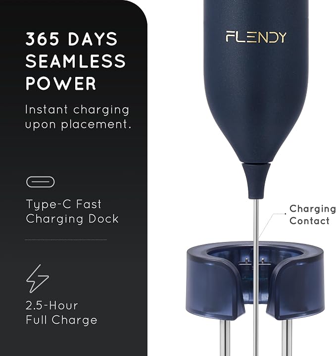 Flendy Rechargeable Milk Frother Handheld with Charging Stand | USB-C Charging Dock, 2 Detachable Double Whisk, Extra Long Mixer Wand, Wall Mount, Top Button, Compact Electric Stirrer