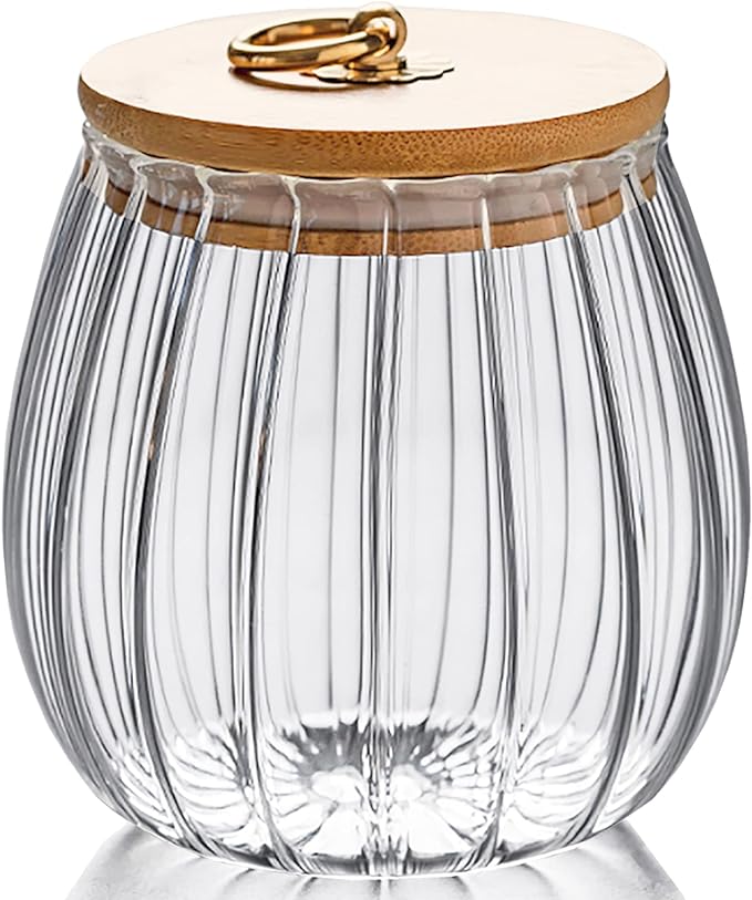 Glass Coffee Nuts Canister Airtight Jar with Bamboo Lid 54 FL OZ Large Oval | Sealed Kitchen Storage Jar, 700ml Petal Ribs Design Decorative Candy Coffee Container, Gold Metal Handle, Easy to Grasp