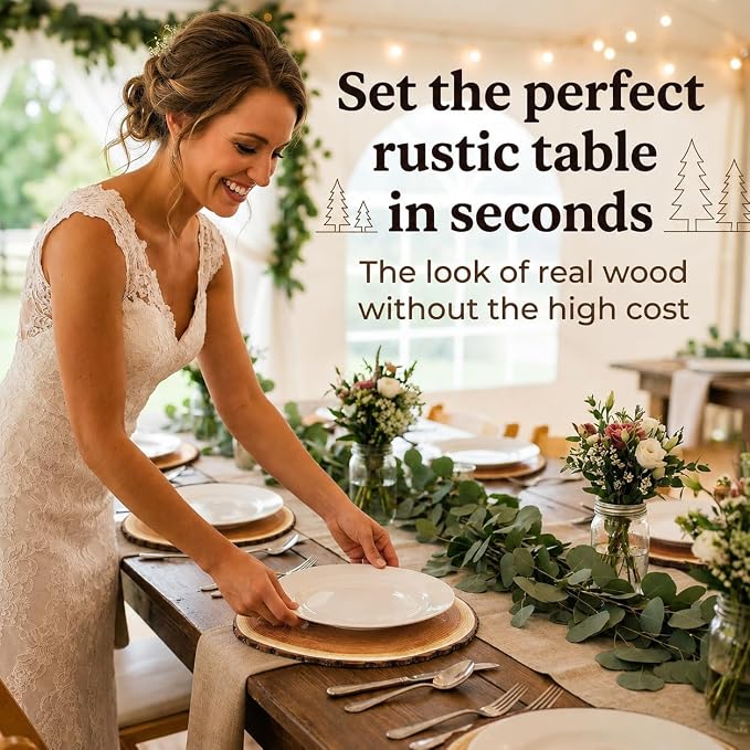 Wood Slice Placemats 50 Pack Rustic Round Disposable Paper Place Mats 13.5" | Farmhouse Woodland Table Décor for Camping BBQ Wedding Parties