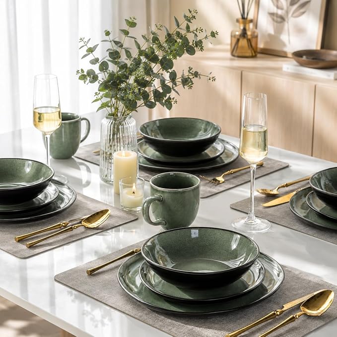 AmorArc Ceramic Dinnerware Sets for 4, 12Pcs Plates and Bowls Sets Dishes | Stoneware Handmade Reactive Glaze Dinner Set, Highly Scratch Resistant | Dishwasher & Microwave Safe Dishware