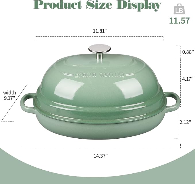 EDGING CASTING Enameled Oval Cast Iron Dutch Oven Pot with Lid, Bread Dutch Oven for Sourdough Bread Baking, Dutch Oven Bread, Bread Oven, 6QT, Sage Green