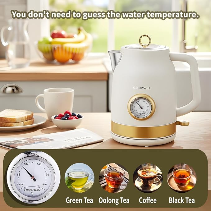 Retro Electric Tea Kettle, 1.7L, Matte White and Gold | 304 Stainless Steel, 1500W Fast Boiling, Auto Shut-Off, Boil-Dry Protection, BPA-Free, Thermometer, Retro Kitchen Appliances