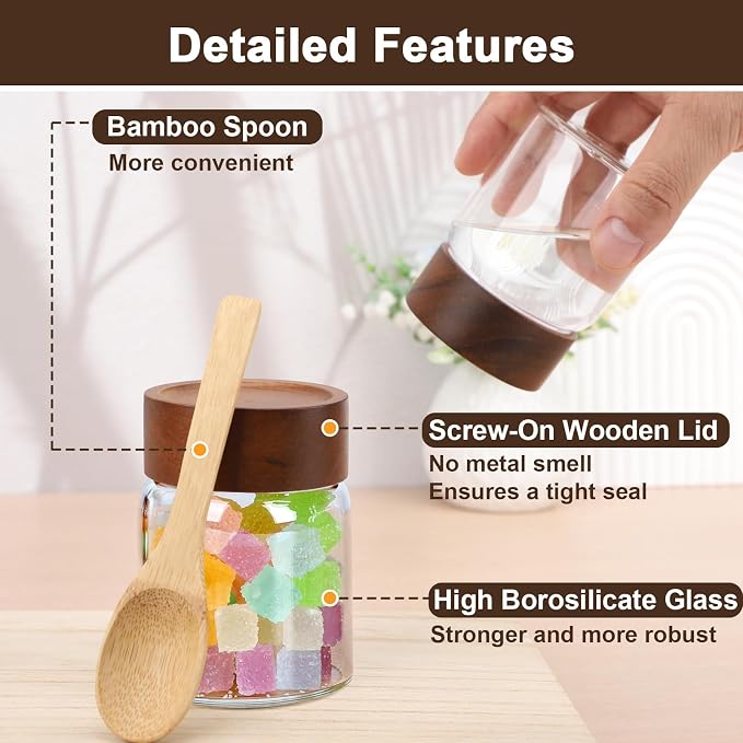 5oz Coffee Jars with Wood Lids, 4 Pack 160ml Clear Glass Storage Jars with Airtight Screw Lids, Empty Spice Bottles Food Storage Containers Meal Prep Canister for Salad, Sugar, Honey, Tea, Candy