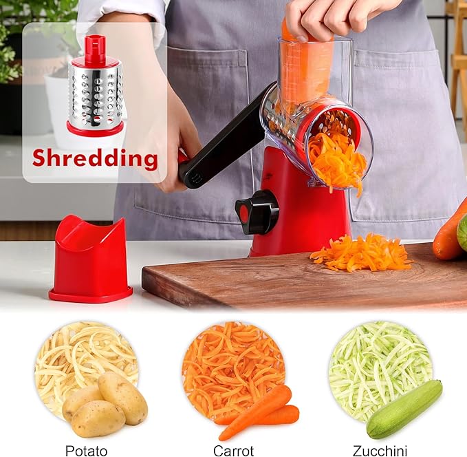 GDL Cheese Grater Hand Crank, Rotary Cheese shredder, Vegetable Slicer | 3 Stainless Steel Blades, 12x Fast Cutting, Non-slip Suction Base, No BPA, Dishwasher Safe, Easy Use for Cheese, Veggies, Nut