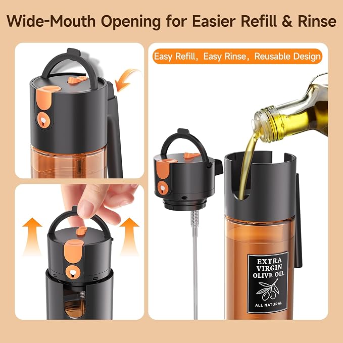 2-in-1 Dark Glass Oil Sprayer & Dispenser, Black Fine Mist No-Drip | 500ml dark glass for air fryer, BBQ, grilling & daily cooking; food-safe, 304 filter, wide-mouth refill and cleaning.