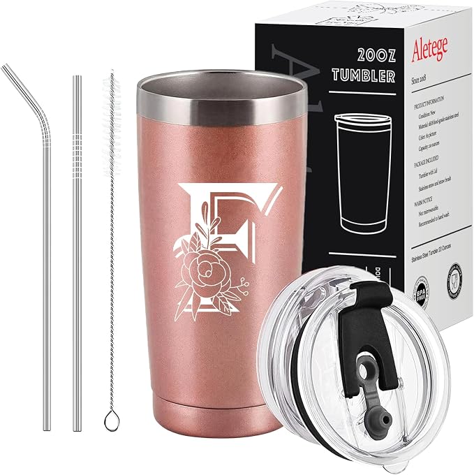 Letter F Insulated Travel Cup with Lid, Personalized Initial Mugs for Women, Letter F Gift Coffee Mugs for Women, Wife, Mom, Grandma, Bridal Shower Gifts, 20 OZ Rose Gold Two Lids