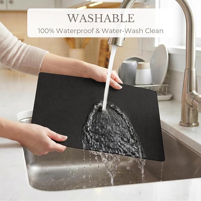 Romanstile Vinyl Placemats Set of 6-12 X 17 Inch - Faux Leather 100% Waterproof Wipeable Anti Slip Place Mats, Heat Resistant Reversible PU Table Mats for Kitchen Dining Party Outdoor, Black