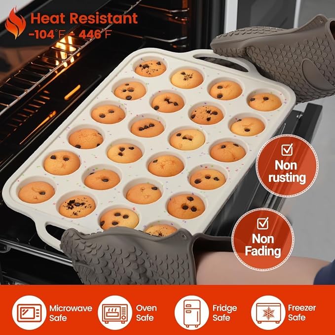 CAKETIME Mini Muffin Pan, Metal Reinforced Frame Mini Cupcake Pans 24 Cups Nonstick Muffin Silicone Molds with Handle for Baking Muffins, Cupcakes, Egg Bites 2 Pack