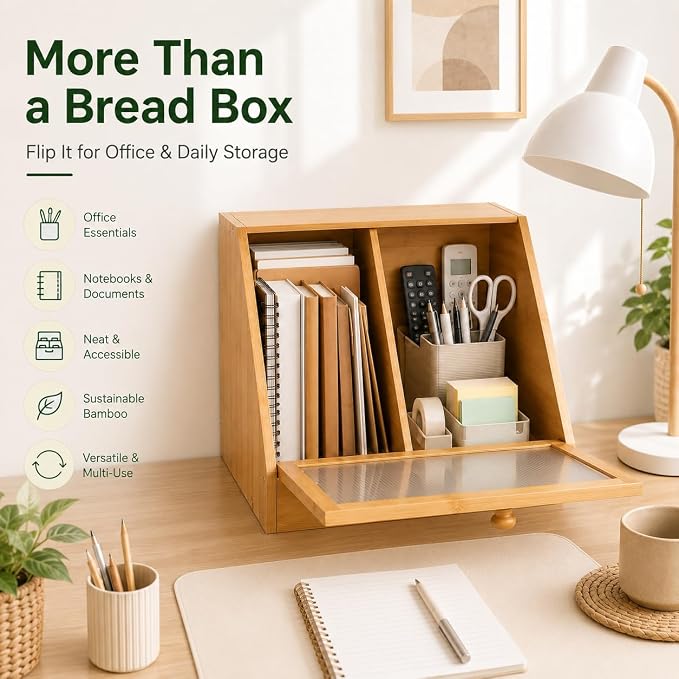 BAMBANG Corner Bread Box for Kitchen Countertop, Large Capacity Bamboo Wood Bread Storage Container, 2 Tier Farmhouse Breadbox with Fluted Acrylic Door for Bread, Homemade Bread and Snacks, Natural