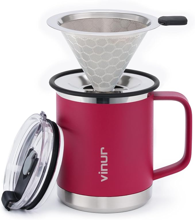 VINUR Insulated Pour Over Coffee Maker-12 oz Stainless Steel Coffee Maker | Double Wall Insulated Coffee Maker With Stainless Steel Filter for Home Office Outdoor, Gift for Men & Women (Fuchsia Red)