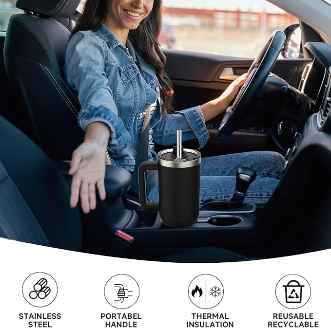 30 oz Tumbler with Handle,Tumbler with Lid and Straw,Double Wall Insulated Cup Stainless Steel Travel Mug(Cold for 34 Hours),Water Bottle for Iced Tea,Coffee,Cold Beverages(Black)