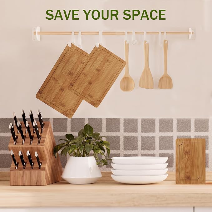 3-Piece Bamboo Cutting Board Set Serving Tray Juice GroovesHandles | Ideal for Meat Vegetables Fruit,Easy Storage & Quick Clean,Natural Wood Construction,Dual-Purpose as Serving Tray