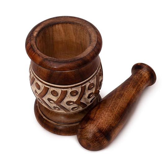 Handmade Wooden Mortar & Pestle Set, Herb Spice Garlic Masala Grinder Bowl | Rustic manual kharal crusher for ginger, peppercorns, seasonings, pesto, guacamole, pill crusher, easy to clean, kitchen prep