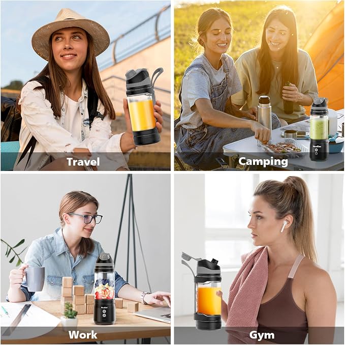 Portable Blender Personal Juicer for Shakes Smoothies with Travel Lid | 24 Oz Electric Protein Shaker Bottle, USB-C Rechargeable, Mini Small Cordless Blender Cup for Kitchen Travel Gym
