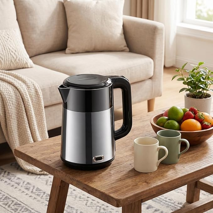 1L Small Travel Electric Kettle 1000W Portable Mini Hot Water Boiler | 304 Stainless Steel,Fast Boiling, Double Wall, Auto Shut-Off,Boil Dry Protection,Cordless 360° Base for Tea and Coffee