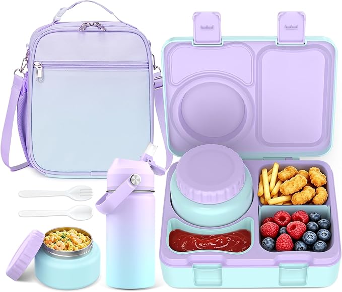 Bento Lunch Box for Kids Adult, Leakproof 3-4 Compartment Bento Box Set with Insulated Food Jar,Water Bottle, Lunch Bag, School Lunch Container for Toddler Teen Girls Boys Ages 3+(Gradient)
