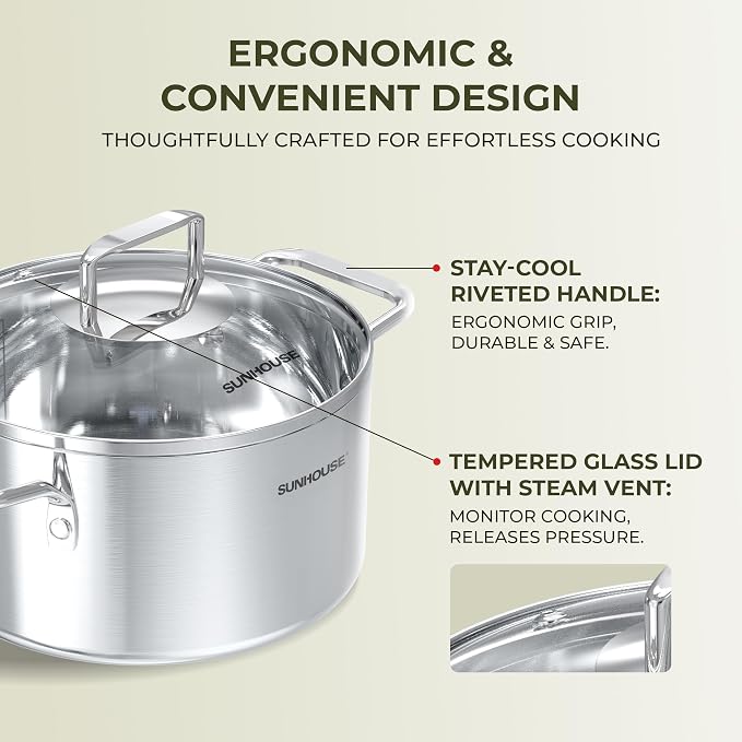 SUNHOUSE 3.4 QT Fully Clad Tri-ply Stainless Steel Stock Pot with Glass Lid | Small Everyday Soup & Pasta Pot - Rice, Blanching, Broth - Even-Heating Tri-Ply Base, Induction Compatible, Dishwasher Safe