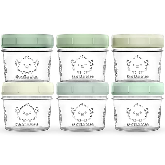 KeaBabies 6pk 4oz Glass Baby Food Containers with Lids, Leak-Proof (Sage) | Microwavable Small Glass Jars, Baby Purees, Toddler Snack Storage Containers, BPA-Free, Dishwasher-safe, Freezer Safe