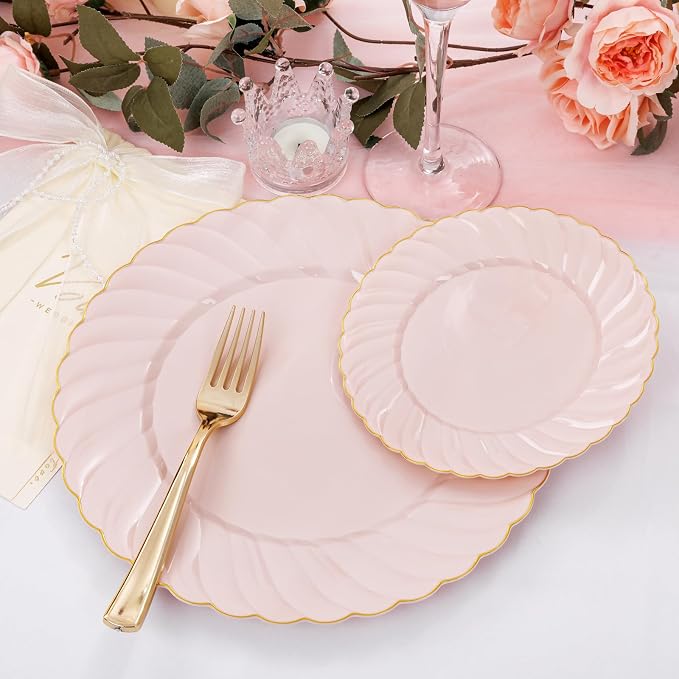 YOUBET 125PCS Pink Plastic Plates with Gold Rim for Wedding Birthday Party | Scalloped Plastic Plates Set Includes 25 Dinner Plate, 25 Dessert Plate, 75 Gold Silverware for 25 Guests Baby Shower