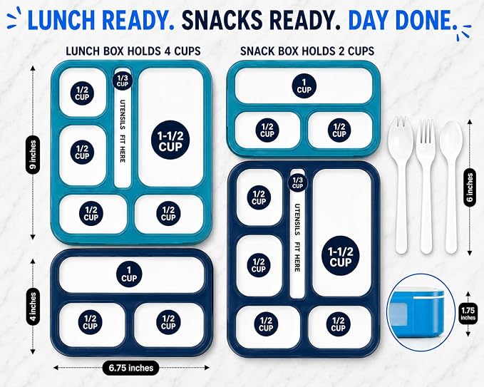 Bento Lunch Box and Snack Container Value Set| Meal Planning Portion Containers for Kids or Adults, School or Work | BPA Free | Microwave Safe | Utensils | 4 Pack, Large and Mini, Blue + Navy