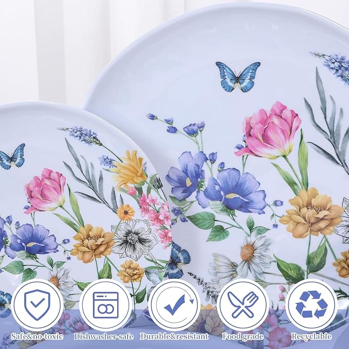 12 Piece Melamine Dinnerware Sets - Plates And Bowls Sets Floral | Dinnerware Sets- Spring Camping Dishs Indoor Outdoor Use,Flowers And Butterflies Pattern Tableware Lightweight Service for 4