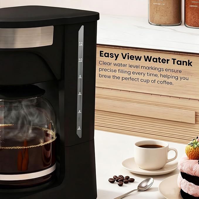 12-Cup Drip Coffee Maker,Auto Keep Warm,Reusable Filter,60Oz Size | Easy-view water tank, pause & pour,Heat-Resistant Coffee Pot, one-touch brewing for home, office, and family gatherings,black