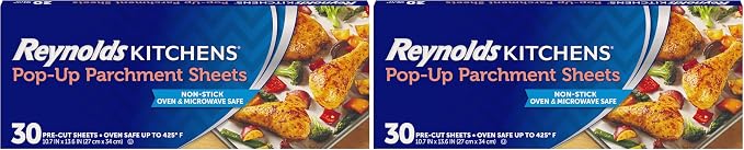 Reynolds Kitchens Pop-Up Parchment Paper Sheets, 30 Count, Fits Standard Baking Pans and Cookie Sheets, Non-Curling, Non-Stick, Pre-Cut, Oven-Safe Up to 425F, 10.75 in x 13.75 in (Pack of 2)