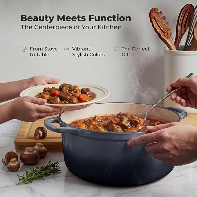 Zulay Kitchen 7.7 Quart Enameled Cast Iron Dutch Oven Pot with Lid – Premium Durability & Oven Safe up to 500°F – Heavy Duty Cookware Perfect for Bread Baking, Stews, Braising & Roasting – Gray