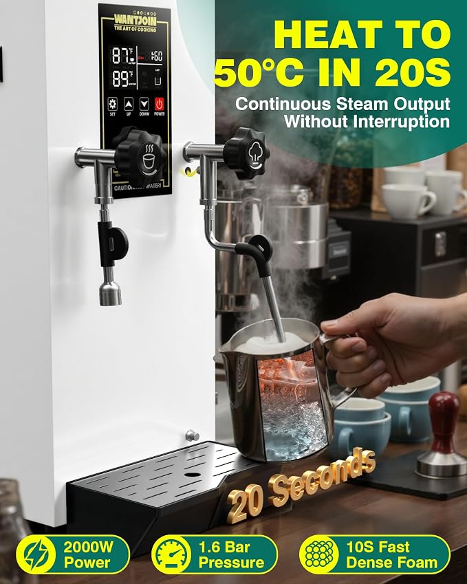 WantJoin Commercial Milk Frother - 1800W Milk Steamer, Hot Water Dispenser, Beverage Heater for Latte, Cappuccino, Coffee, Milk Tea, LED Display, Hotel Use