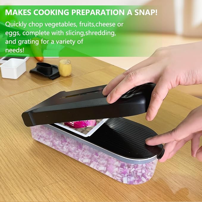 Vegetable Chopper with Container, 10 in 1 Manual Food Chopper Cutter, Black | Multifunctional Sharp Blades Dice, Slice, Shred & Grate for Onions, Salads, Fruit at Home Kitchen for Various Use