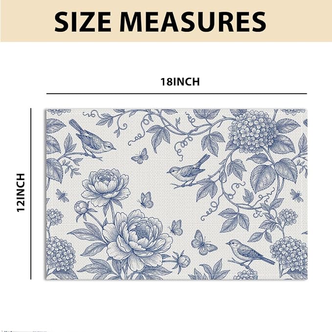 Hydrangea Flower Branches Chinoiserie Spring Placemats Set of 4 Party Decor | Blue White Vintage Floral Bird Table Mats for Party Kitchen Dining Decoration, Washable Non-Slip Heat Resistant Place Mats