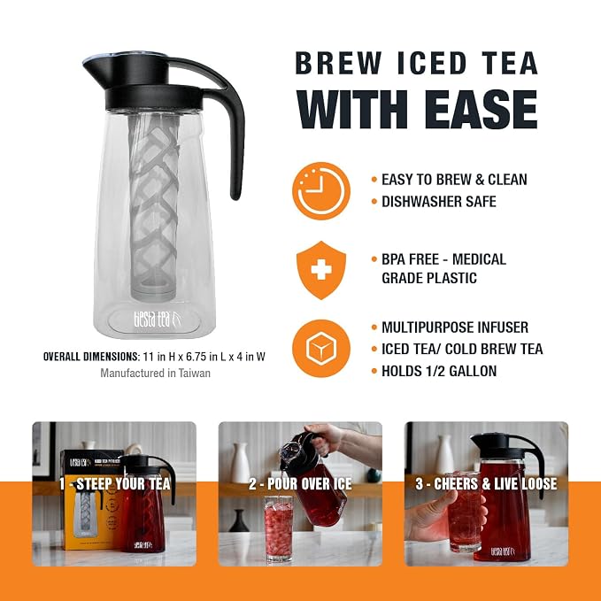 Tiesta Tea - Loose Leaf Iced Tea Pitcher, BPA-Free Tritan Plastic | Includes Multipurpose Nylon Mesh Infuser, Brew Hot & Cold, Leak-Proof Twist-On Lid, Dishwasher Safe, 1/2 Gallon Capacity