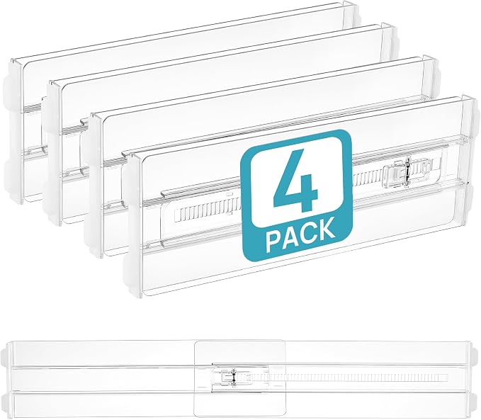 Vtopmart 4" High Drawer Dividers for Clothes, 13"-22" Adjustable, 4 pack | Expandable Dresser Drawer Organizer, Clear Plastic Separators for Dresser, Baby Clothing, Underwear, Cosmetic, Toiletries