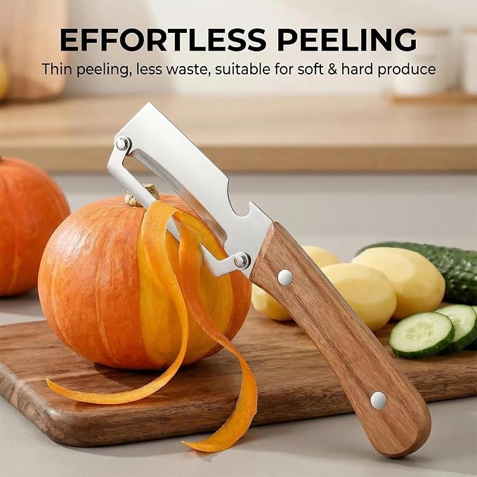 NEW Premium Vegetable Peeler with Wooden Handle and Bottle Opener: 2-in-1 Stainless Steel Kitchen Tool for Fruit Apple Potato Pumpkin Papaya (1Pcs)